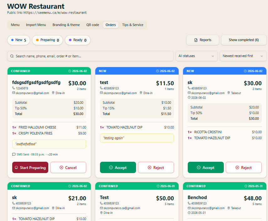 Restaurant orders dashboard showing incoming order cards with accept and reject actions