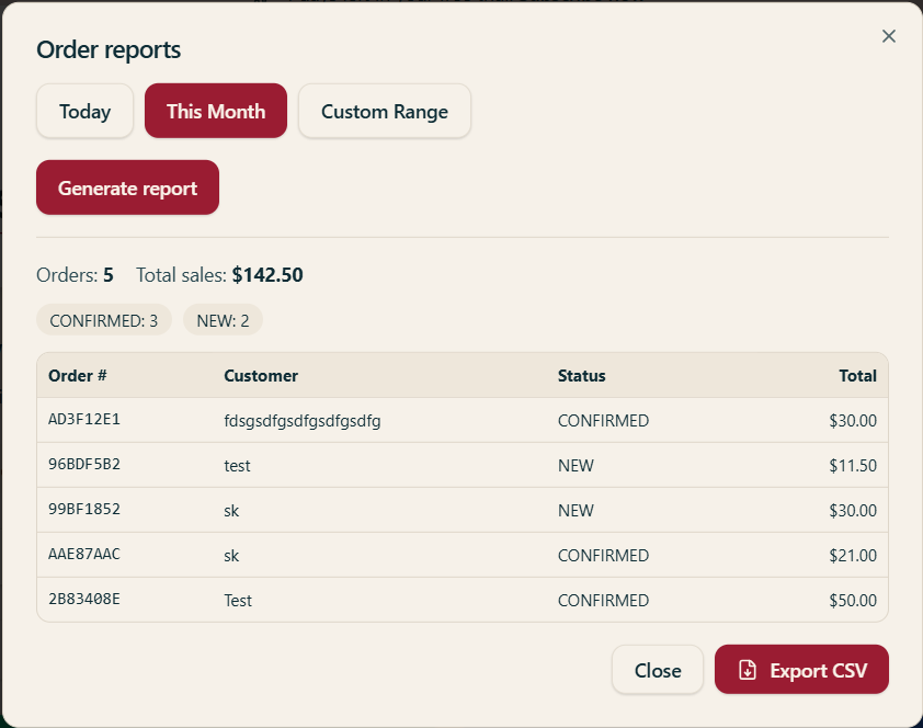 Order reports dialog showing total sales, order breakdown and export to CSV