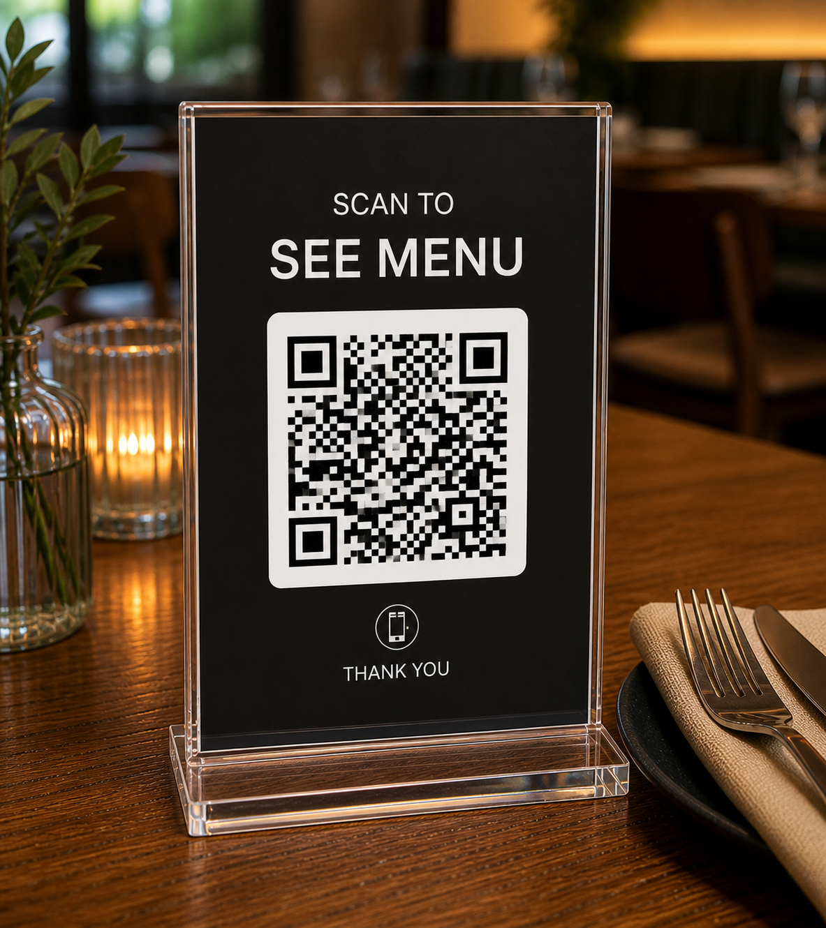 Scan to See Menu — QR code on a restaurant table stand