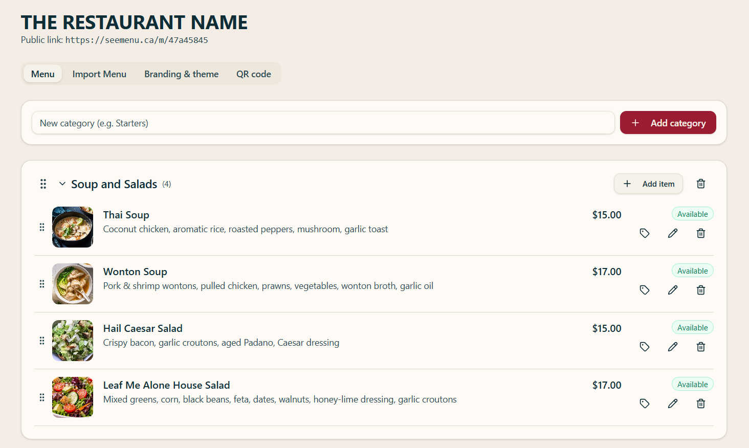 Menu editor with drag-and-drop categories and items