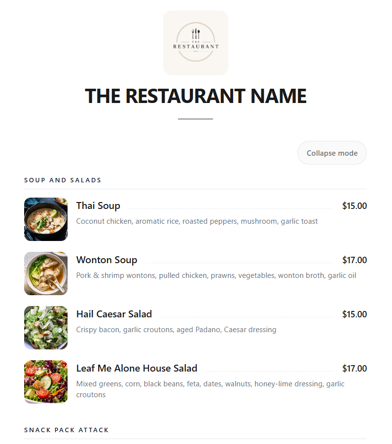 Public-facing mobile menu with logo, categories and items