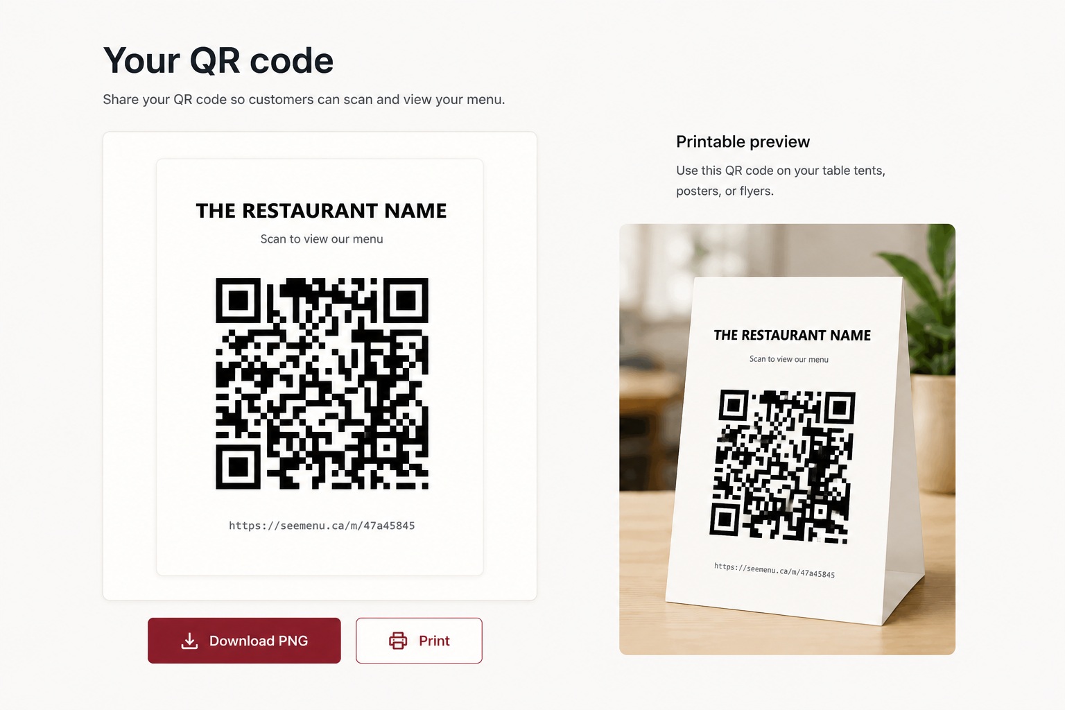 QR code generation screen with download and print options