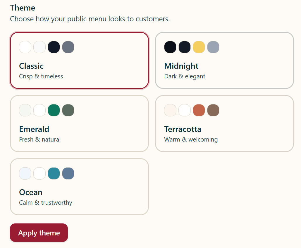 Theme picker showing five color palette options